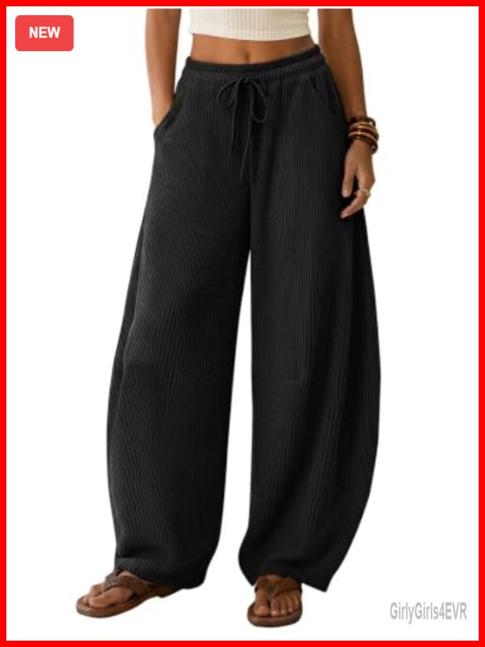 Waffle Knit Barrel Wide Leg Drawstring Sweatpants Pockets